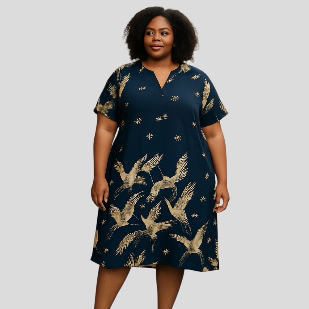 SHEIN Women’s Dress Navy A-Line Printed Short Sleeve Size 4XL